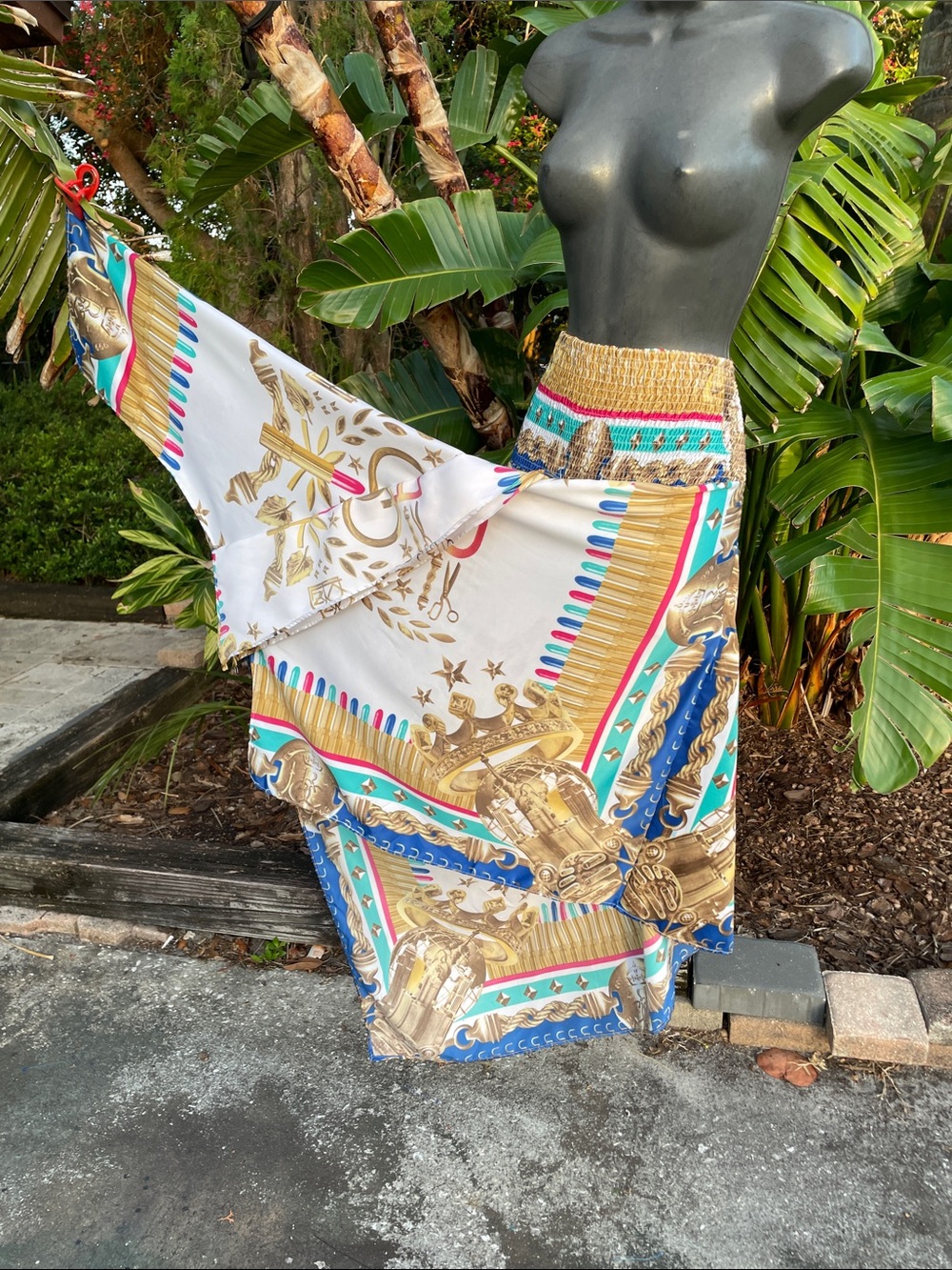 scarf, print, handkerchief, hem smock waist skirt